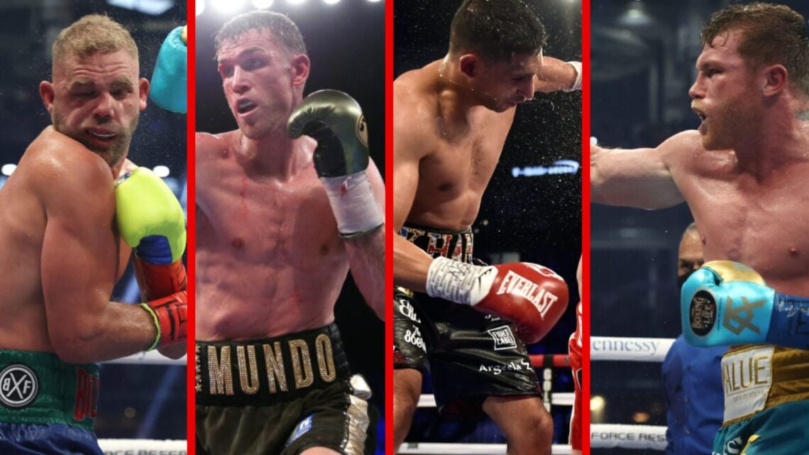 Billy Joe Saunders receiving a punch from Canelo split with Callum Smith in the ring, split with Amir Khan toppling over after Canelo's punch, spli...