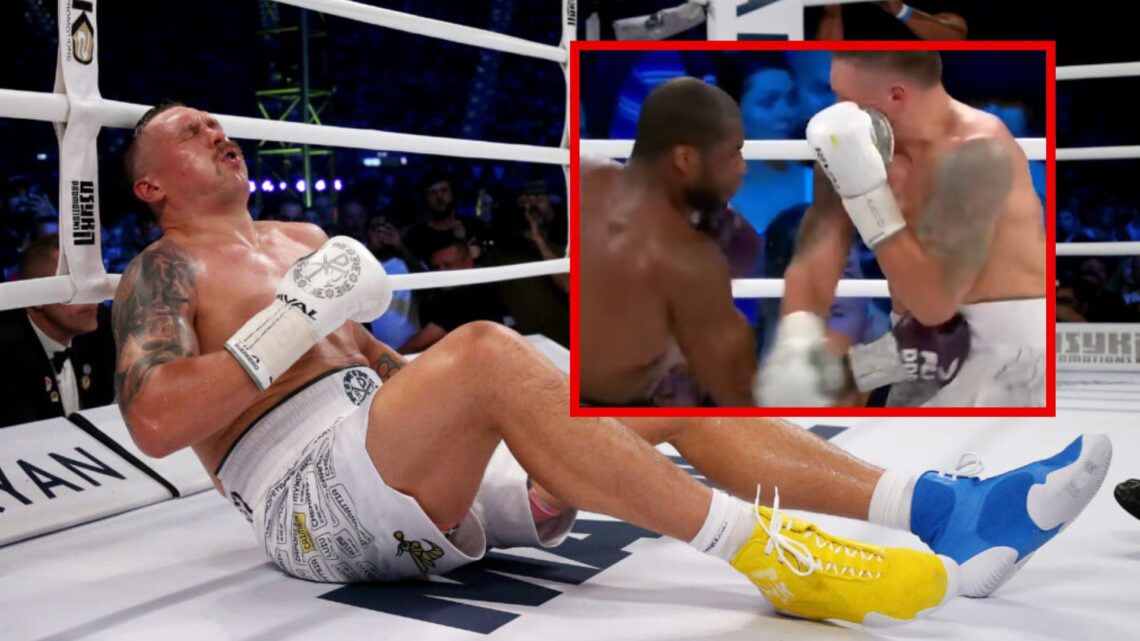 Oleksandr Usyk on the floor after being hit with a low blow from Daniel Dubois with inset of Dubois landing the low blow