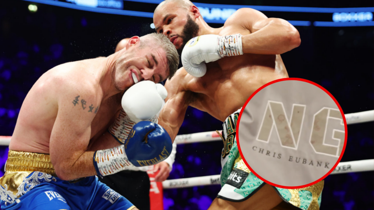 Chris Eubank Jr. lands a solid blow on Liam Smith in their 2023 rematch with inset of a jacket gifted to Eubank Jr. made with the canvas from the S...