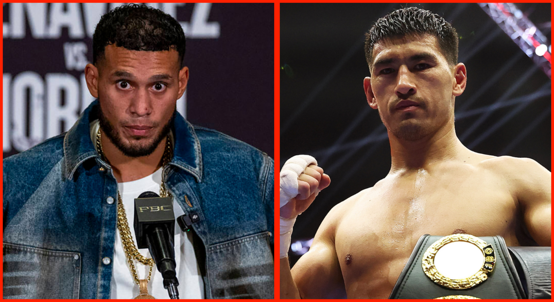 Split image of David Benavidez speaking at a pre-fight press conference, opposite Dmitry Bivol after defeating Artur Beterbiev.
