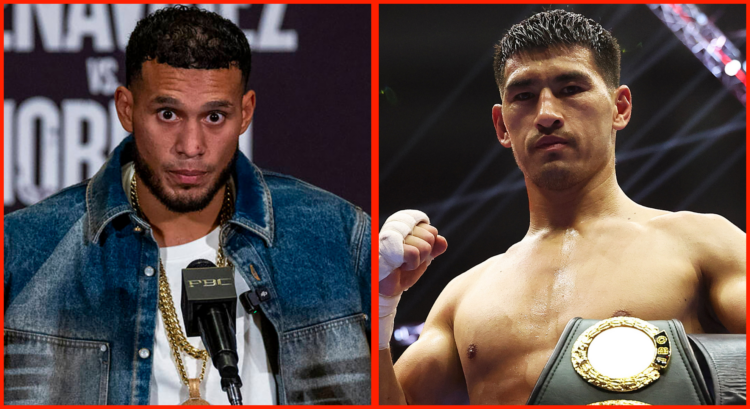 Split image of David Benavidez speaking at a pre-fight press conference, opposite Dmitry Bivol after defeating Artur Beterbiev.
