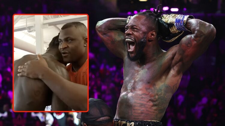 Deontay Wilder celebrates after knocking out Robert Helenius in the first round during their WBC world heavyweight title eliminator. Inset, Francis...