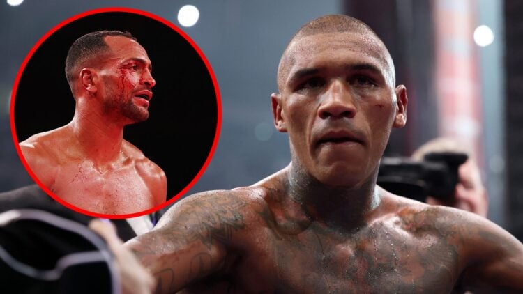 Conor Benn following his loss to Chris Eubank Jr. with inset of Harlem Eubank with a cut on his head