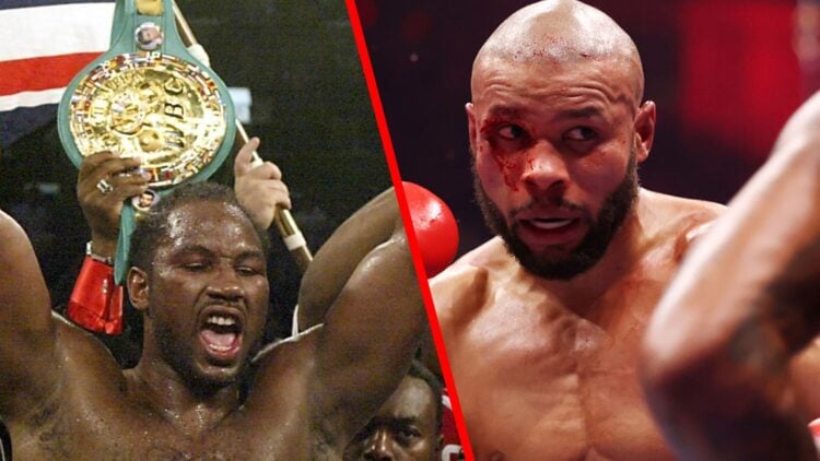 Lennox Lewis celebrating after a win split with Chris Eubank Jr. in his fight with Conor Benn