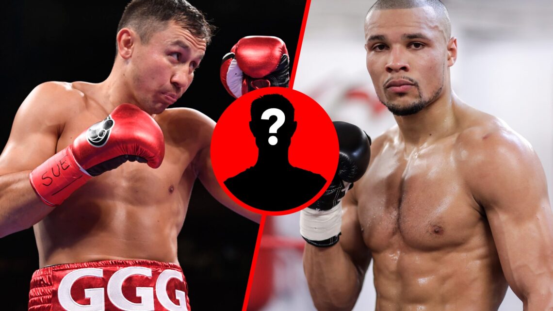 Gennady Golovkin in the ring with red gloves on split with Chris Eubank Jr. standing in his gym