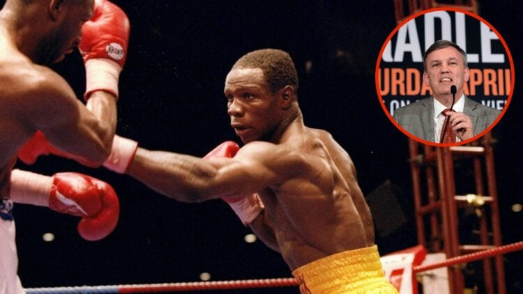 Image of Chris Eubank Sr. fighting Nigel Benn with an inset of Teddy Atlas at a press conference