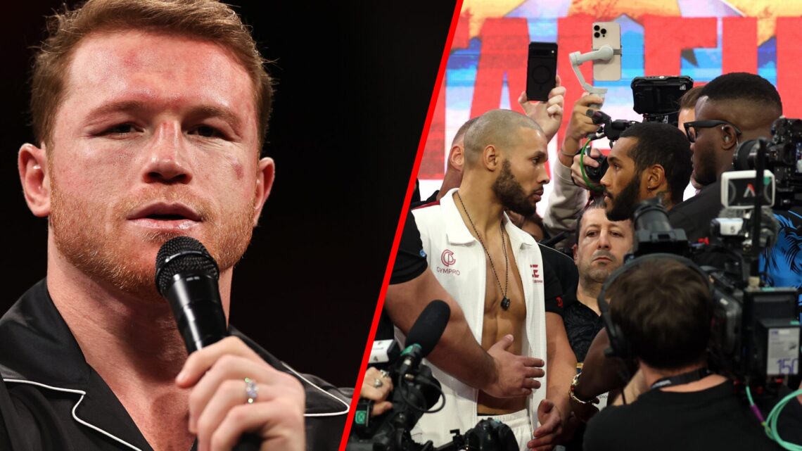 Canelo holding a microphone split with Conor Benn and Chris Eubank Jr. facing off