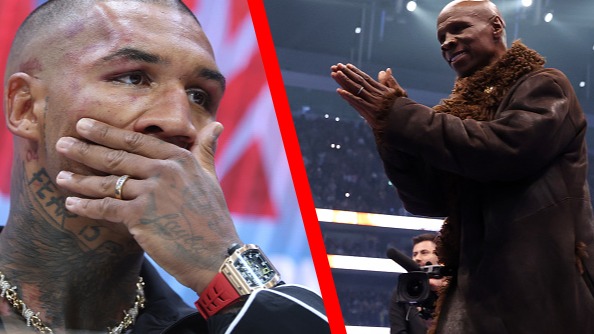 Conor Benn looking disappointed after his loss to Chris Eubank Jr. split with Chris Eubank Sr. in the ring