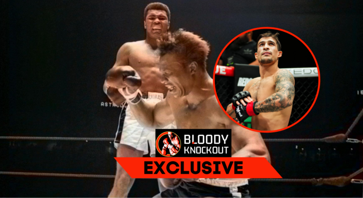 Main photo shows Muhammad Ali knocking out Cleveland Williams. Bubble photo shows Biaggio Ali Walsh before a PFL fight. Overlay text reads: BLOODY ...