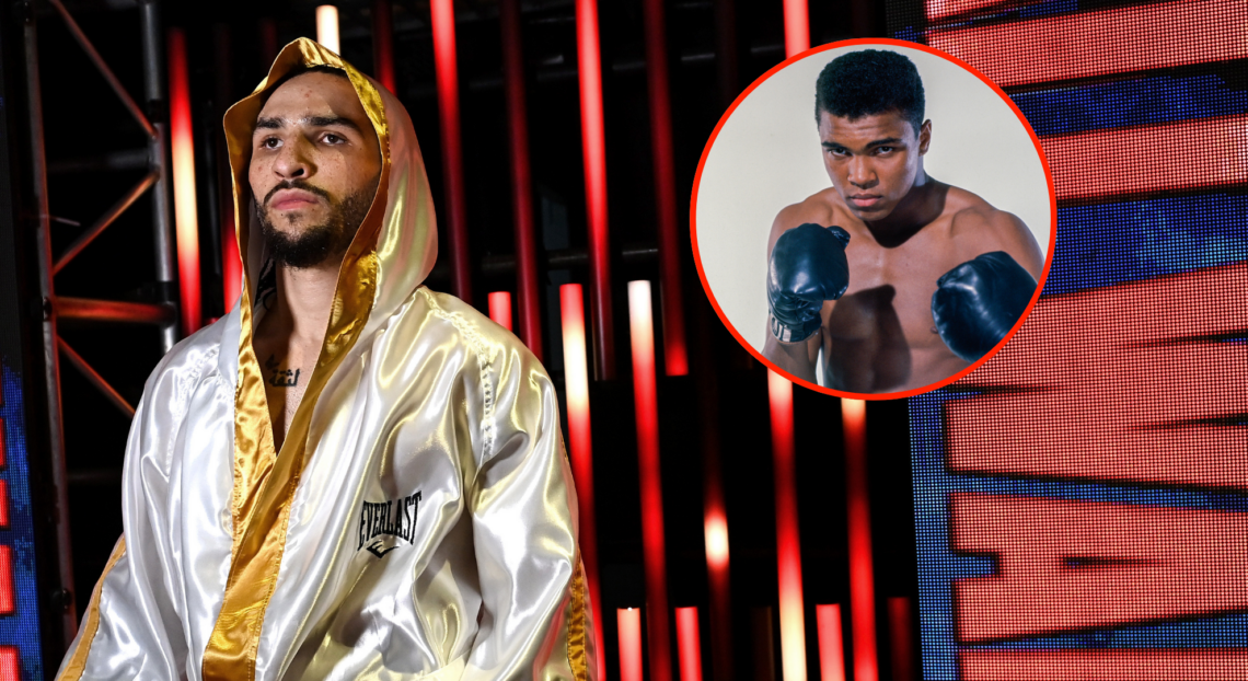 Nico Ali-Walsh walks out to the ring for a fight against James Westley III, inset Muhammad Ali during a photoshoot