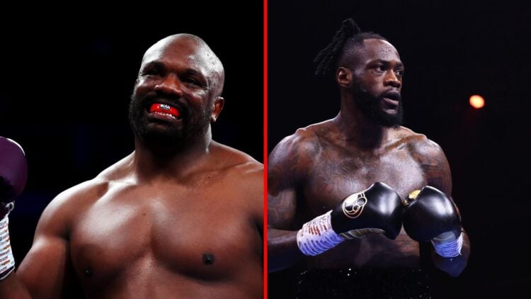 Split image of Derek Chisora celebrates a win and Deontay Wilder fighting Joseph Parker