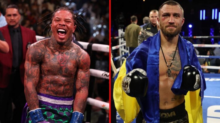 Split image of Gervonta Davis and Vasiliy Lomachenko celebrating wins