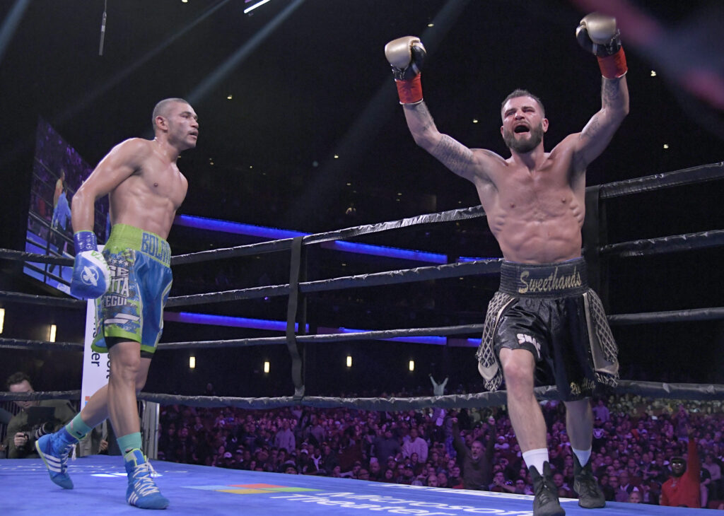 Caleb Plant celebrates after Jose Uzcategui fight