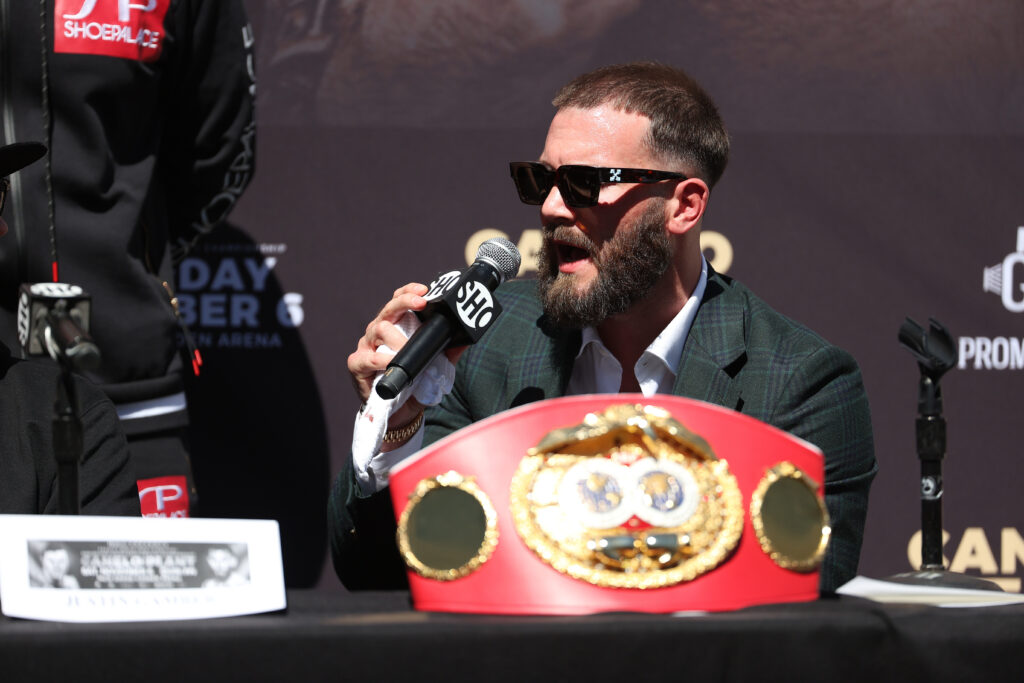 Caleb Plant during the press conference ahead of his fight with Canelo Alvarez
