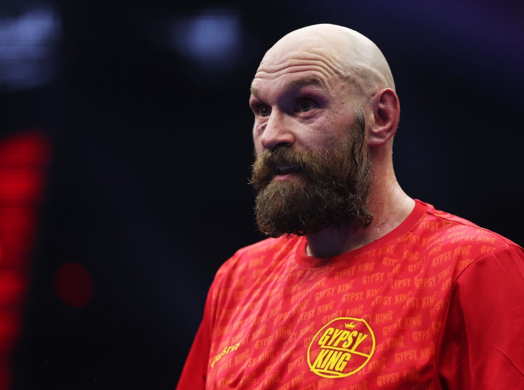 Tyson Fury reacts after the official decision is read for his rematch with Oleksandr Usyk