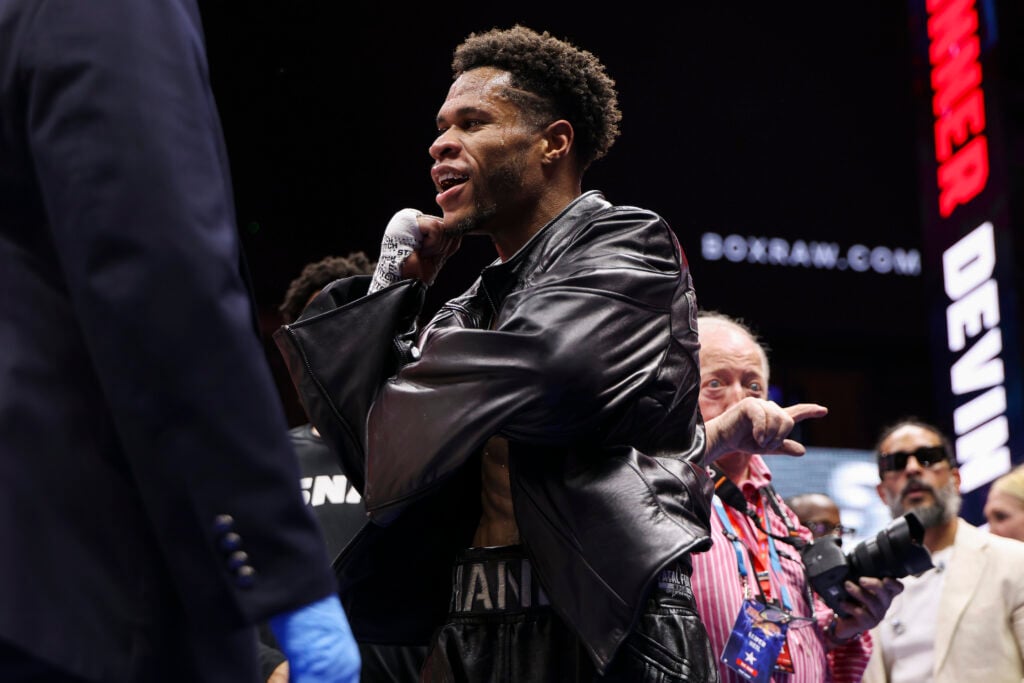 Devin Haney celebrates win
