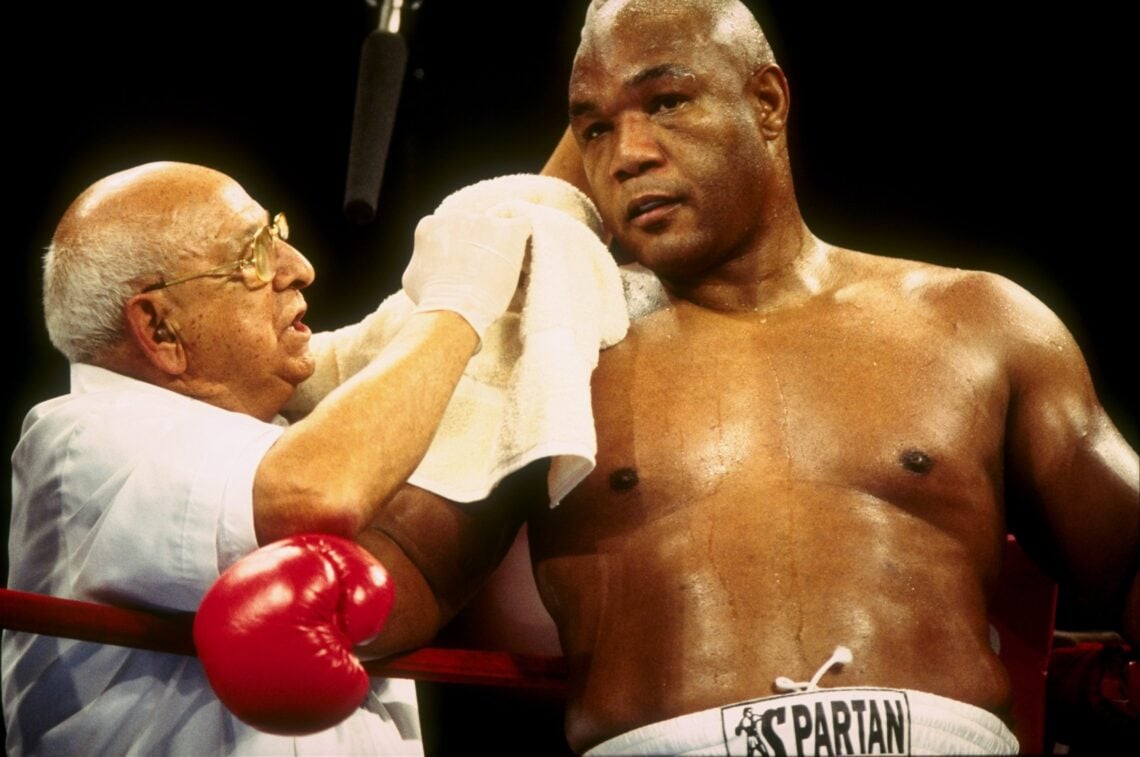 22 Nov 1997:  George Foreman receives treatment in his corner during his bout versus Shannon Briggs at Mark Etess Arena in the Taj Mahal Hotel in A...