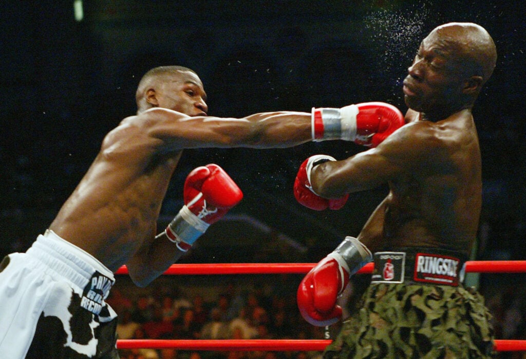 Floyd Mayweather lands a right hand on Demarcus Corley