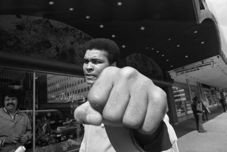 (Original Caption) 5/10/73 Philadelphia,PA: Muhammad Ali now 31-years old is still aiming for the heavyweight title as he shows his left fist to th...