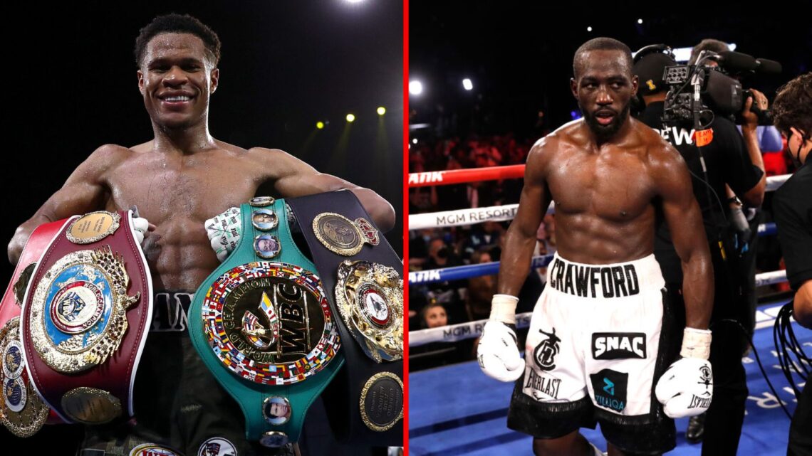 Split image of Devin Haney after defeating George Kambosos and Terence Crawford after beating Shawn Porter