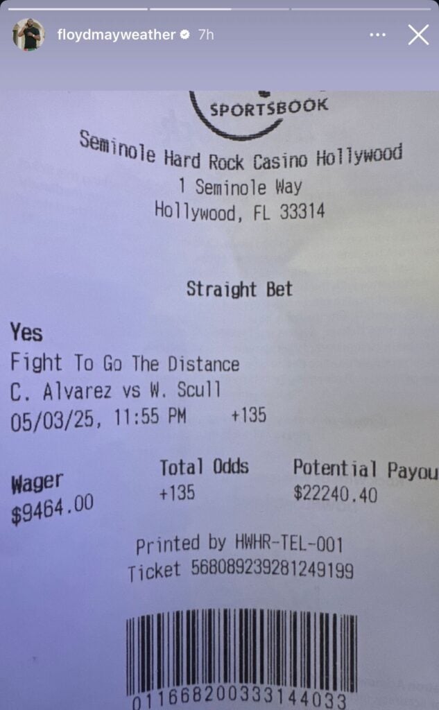 Floyd Mayweather betslip for Canelo Alvarez vs William Scull