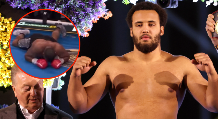 Moses Itauma poses on the weigh-in scale ahead of the Oleksandr Usyk vs. Tyson Fury fight card