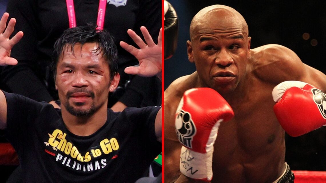 Split image of Manny Pacquaio after boxing Yordenis Ugas and Floyd Mayweather fighting Shane Mosley