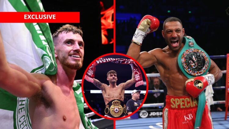 Split image of Sam Rennie and Kell Brook celebrating big wins with an inset of Leigh Wood with his WBA belt with exclusive banner