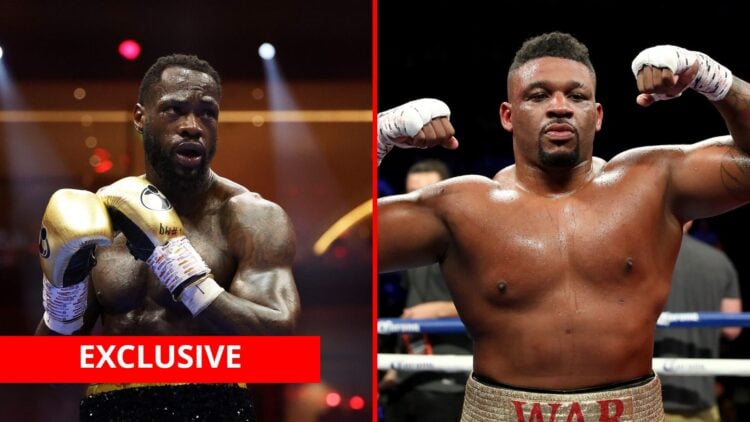 Split image of Deontay Wilder fighting Zhilei Zhang and Jarrell Miller after beating Gerald Washington with exclusive banner