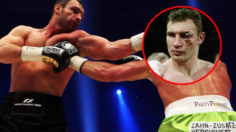 Vitali Klitschko vs Albert Sosnowski with inset of Klitschko with a cut