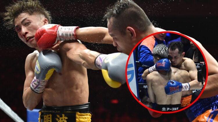 Naoya Inoue vs Nonito Donaire with inset of Inoue and Donaire embracing