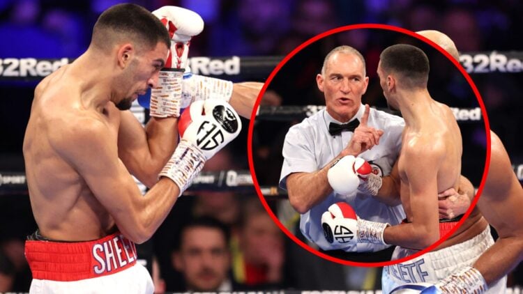 Hamzah Sheeraz vs Bradley Skeete with inset of ref telling Sheeraz off