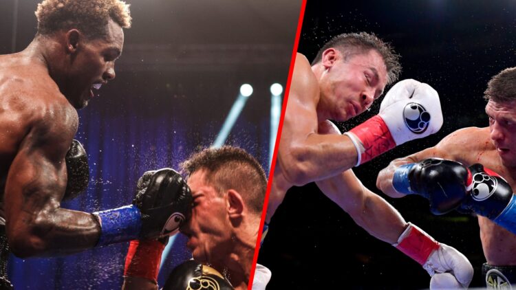 Jermall Charlo landing an uppercut on Sergiy Derevyanchenko split with Gennadiy Golovkin receiving a punch from Derevyanchenko