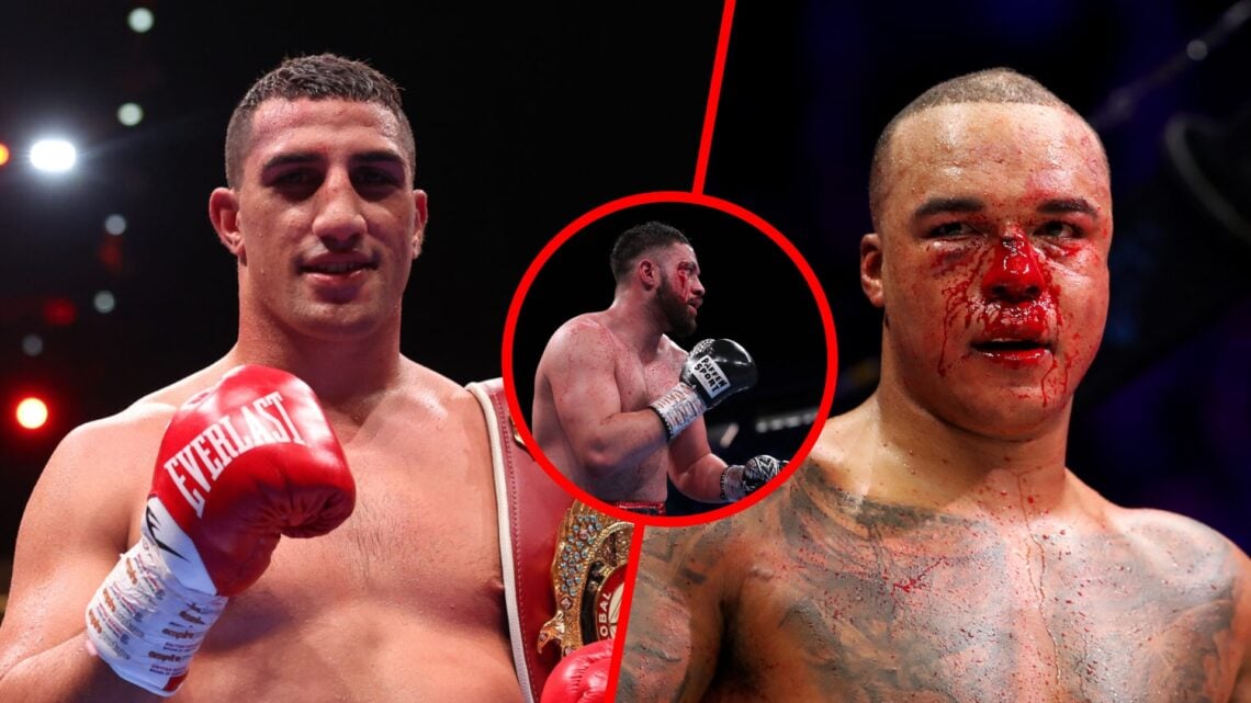 Justis Huni after beating Kevin Lerena split with Fabio Wardley with blood on his nose in his fight with Frazer Clarke, with inset of Joseph Parker...