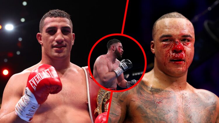 Justis Huni after beating Kevin Lerena split with Fabio Wardley with blood on his nose in his fight with Frazer Clarke, with inset of Joseph Parker...