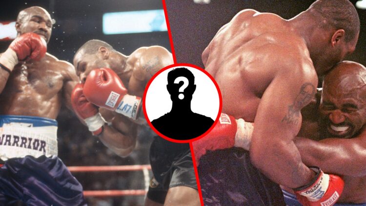 Mike Tyson biting Evander Holyfield split with Holyfield vs Tyson with inset of mystery silhouette