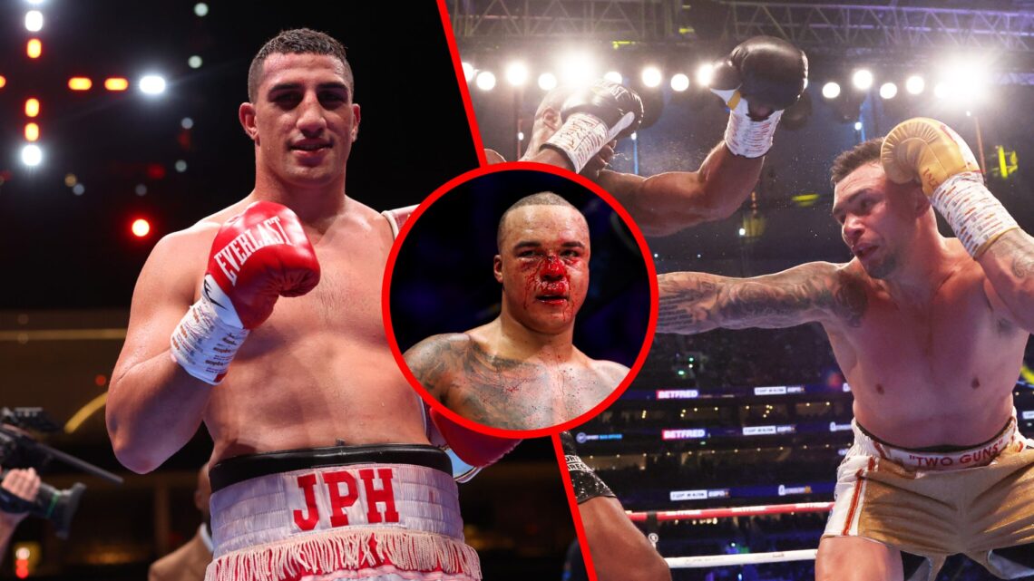 Justis Huni split with Kevin Lerena vs Daniel Dubois with inset of Fabio Wardley with a bloody nose after fighting Frazer Clarke