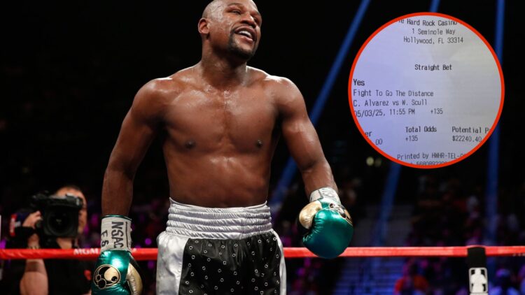 Image of Floyd Mayweather with inset of Floyd Mayweather betslip