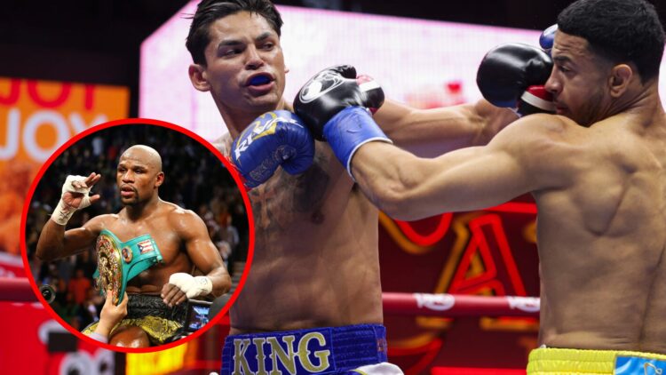 Ryan Garcia vs Rolly Romero with inset of Floyd Mayweather holding world titles