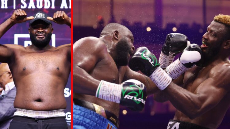 Martin Bakole at the weigh-in for his fight with Efe Ajagba split with Martin Bakole vs Efe Ajagba