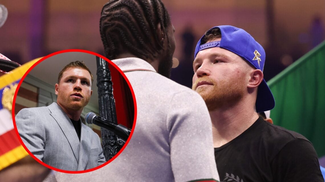 Canelo and Crawford face-off with inset of Canelo speaking into a microphone