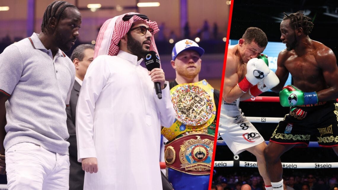 Terence Crawford and Canelo Alvarez stand beside Turki Alalshikh, split with Terence Crawford vs Israil Madrimov