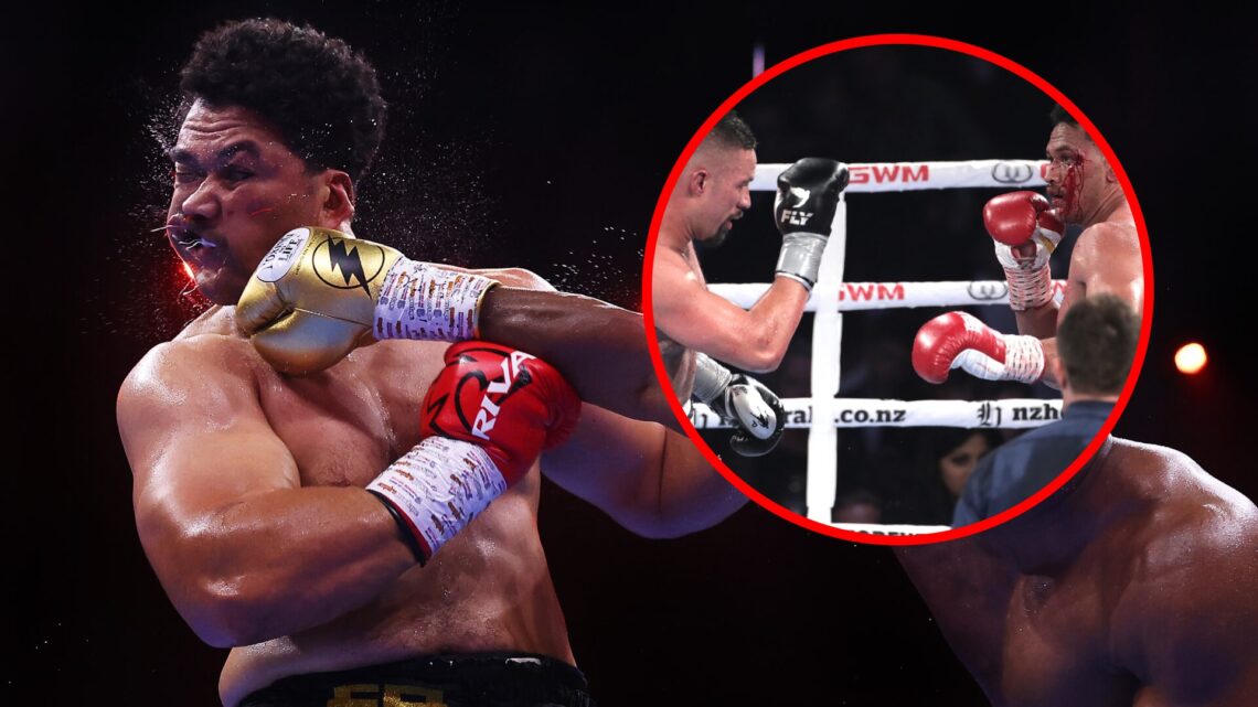 Junior Fa taking a punch from Frank Sanchez with inset of Joseph Parker vs Junior Fa
