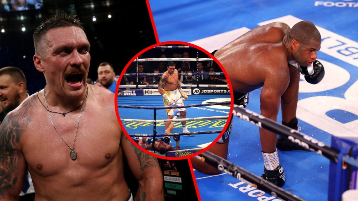Usyk split with Dubois taking a knee with inset of Usyk KOing Tony Bellew