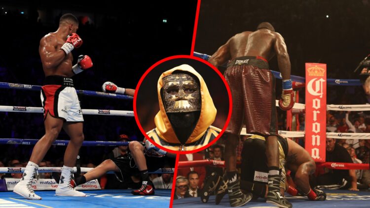 Anthony Joshua standing over Eric Molina after knocking him out split with Deontay Wilder standing over Eric Molina after knocking him out with ins...