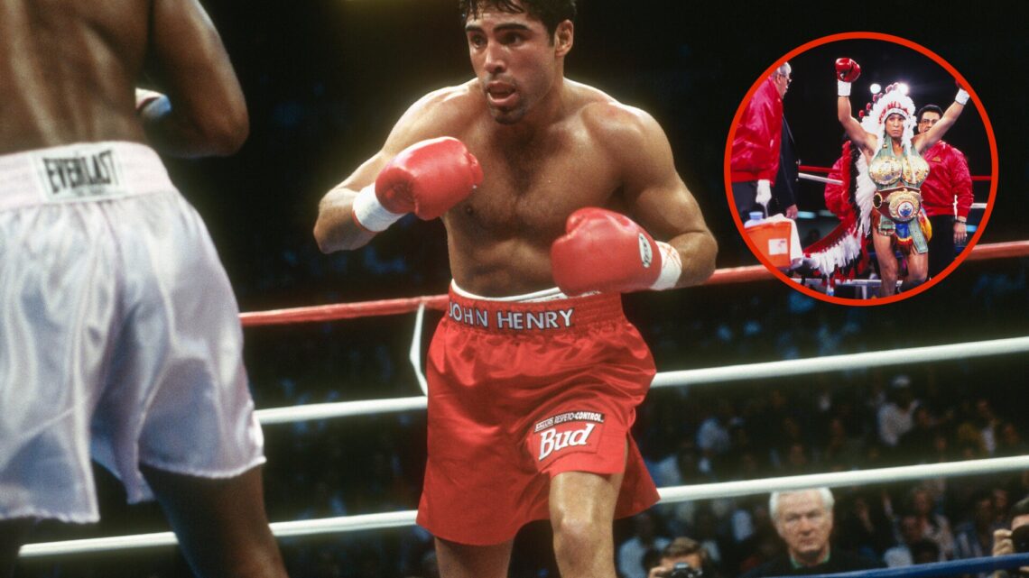Image of Oscar De La Hoya in ring with inset of Hector Camacho in ring