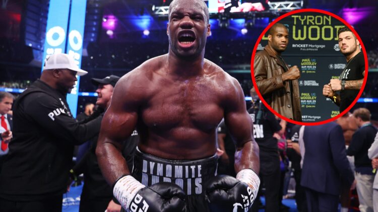 Daniel Dubois celebrating after beating AJ with inset of Dubois facing off with Joe Cusumano