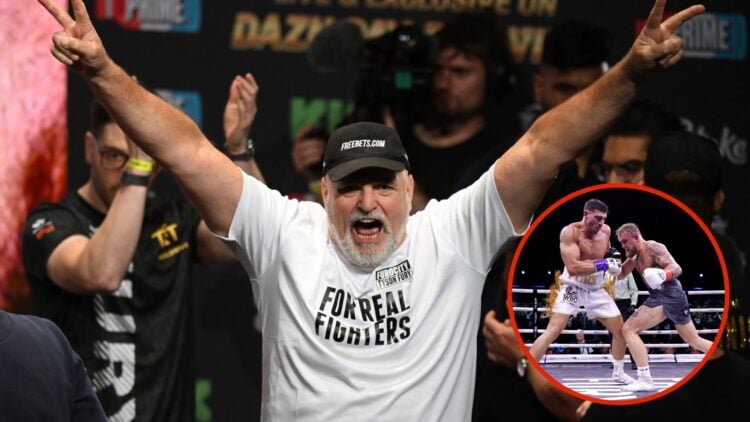 Image of John Fury with his arms raised with an inset of Tommy Fury vs Jake Paul