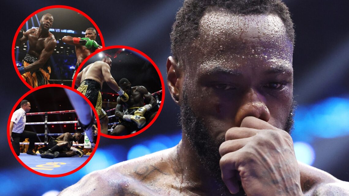 Deontay Wilder looking sad with insets of his KO loss to Zhilei Zhang and his fight with Luis Ortiz