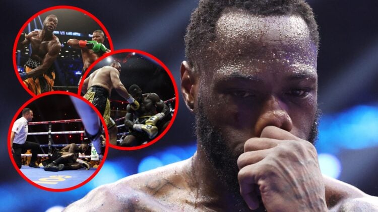 Deontay Wilder looking sad with insets of his KO loss to Zhilei Zhang and his fight with Luis Ortiz
